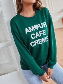 SHEIN Letter Graphic Drop Shoulder Sweatshirt - Dark Green - View 4