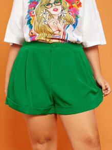 SHEIN EZwear Quần Short kích thước lớn Xếp li Túi Dây kéo màu trơn Giải trí - màu xanh lá - Xem 1