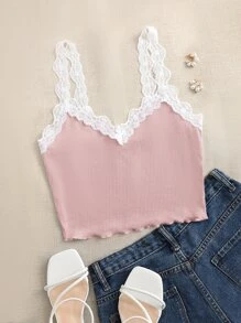 Muchica 蕾絲拼接木耳邊羅紋針織吊帶短上衣 - 淺粉色 - 查看 2
