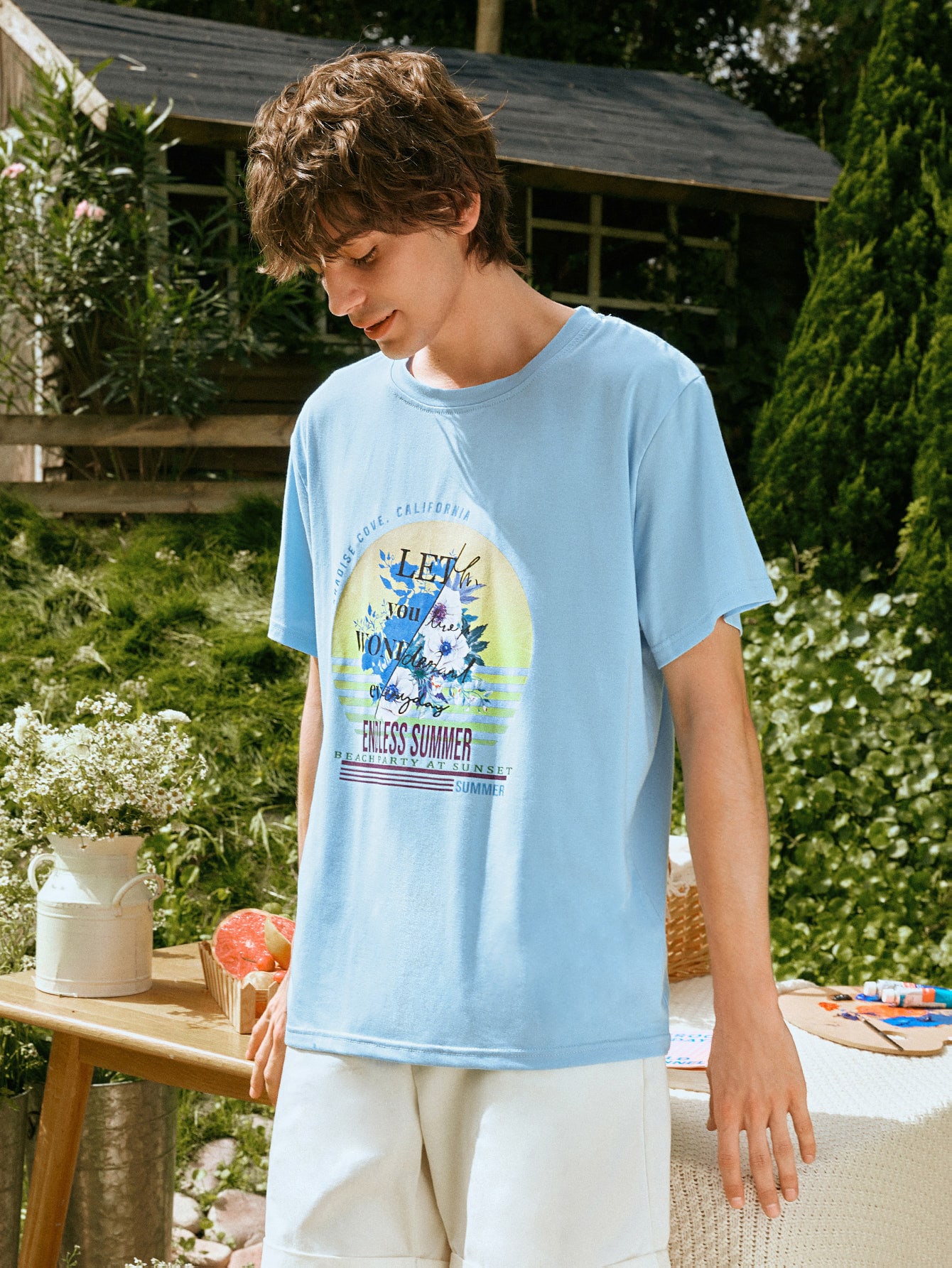 Miniatura 7 de UNISEX 1 pieza Camiseta con estampado floral Celeste