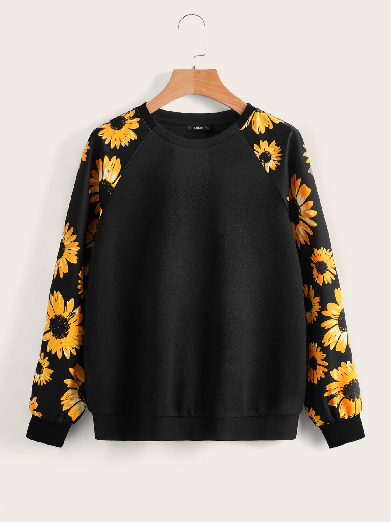 SHEIN LUNE Sudadera con girasol de manga raglán - Negro - Ver 1