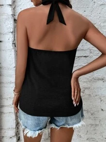 SHEIN Privé Criss Cross Tie Backless Halter Top - Black - View 2