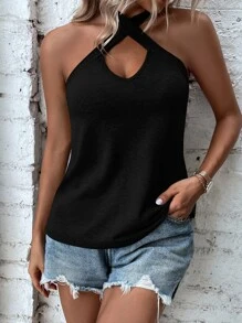 SHEIN Privé Criss Cross Tie Backless Halter Top - Black - View 4