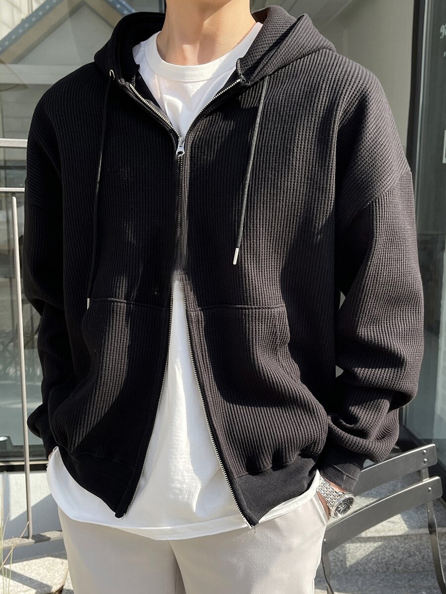 DAZY Men Drop Shoulder Zip Up Hoodie - Black - View 1