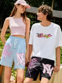 ROMWE MEN ROMWE UNISEX 1 Quần Short Dây Rút Họa Tiết Chữ Cái, Trường Học - màu đen - Xem 1