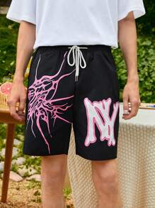 ROMWE MEN ROMWE UNISEX 1 Quần Short Dây Rút Họa Tiết Chữ Cái, Trường Học - màu đen - Xem 3