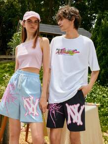ROMWE MEN ROMWE UNISEX 1 Quần Short Dây Rút Họa Tiết Chữ Cái, Trường Học - màu đen - Xem 5