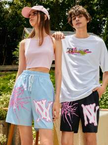 ROMWE MEN ROMWE UNISEX 1 Quần Short Dây Rút Họa Tiết Chữ Cái, Trường Học - màu đen - Xem 7