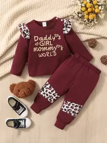 Baby Leopard & Slogan Graphic Ruffle Trim Tee & Joggers - Burgundy - View 1