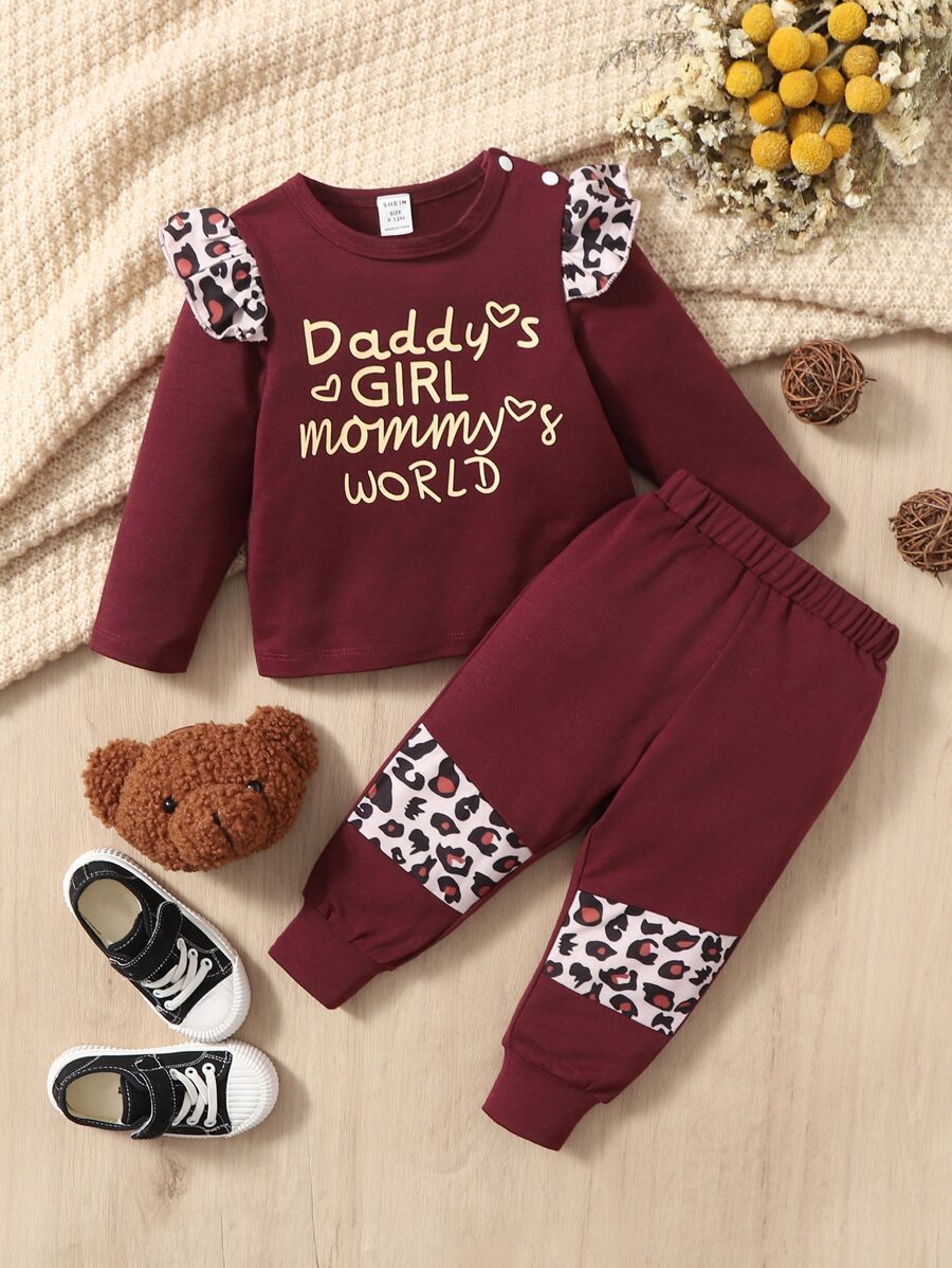 Baby Leopard & Slogan Graphic Ruffle Trim Tee & Joggers - Burgundy - View 1