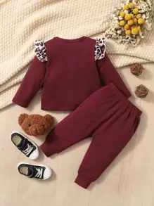 Baby Leopard & Slogan Graphic Ruffle Trim Tee & Joggers - Burgundy - View 2