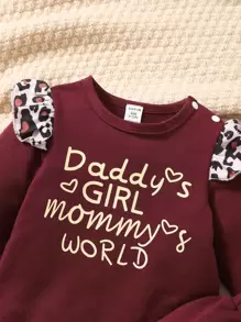 Baby Leopard & Slogan Graphic Ruffle Trim Tee & Joggers - Burgundy - View 3