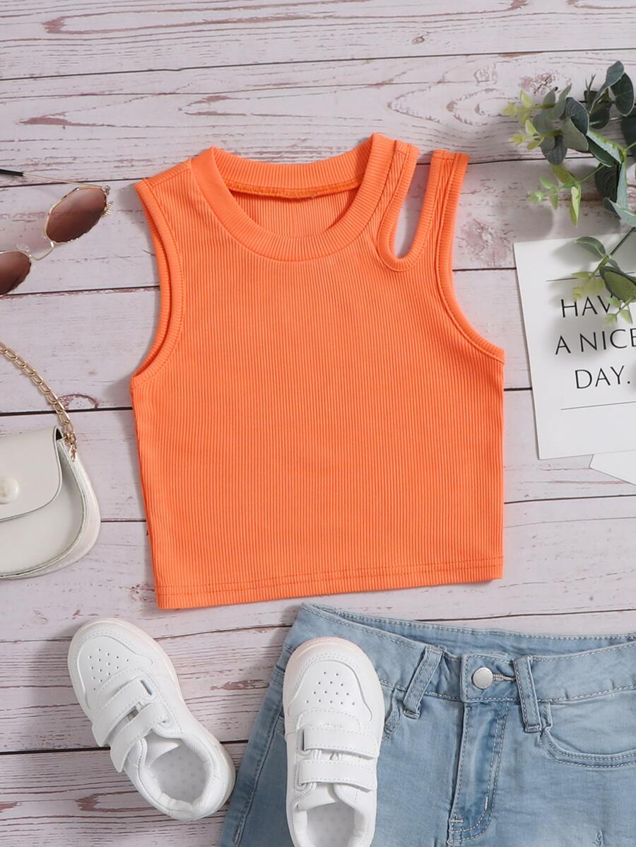 SHEIN Young Girl Rib-Knit Cut Out Tank Top - Coral Orange - View 1