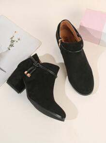 Knot Decor Side Zip Chunky Heeled Suedette Booties - Black - View 1