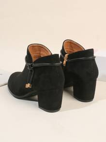 Knot Decor Side Zip Chunky Heeled Suedette Booties - Black - View 3