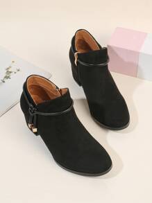 Knot Decor Side Zip Chunky Heeled Suedette Booties - Black - View 4