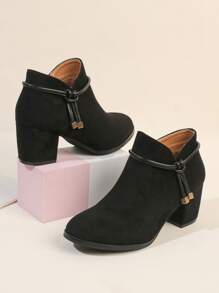 Knot Decor Side Zip Chunky Heeled Suedette Booties - Black - View 5