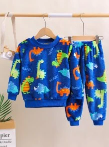 Toddler Boys Letter & Dinosaur Pattern Flannel PJ Set - Blue - View 1