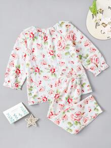 女孩印花網眼刺繡荷葉邊睡衣套裝 - 白色 - 查看 2