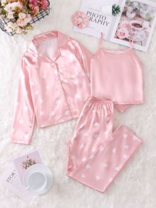 Conjunto de 3 piezas de pijama con estampado de corazón para niña preadolescente - Rosa Pálido - Ver 1