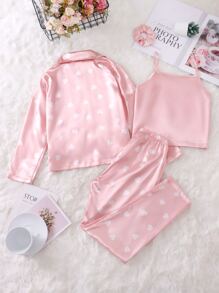 Conjunto de 3 piezas de pijama con estampado de corazón para niña preadolescente - Rosa Pálido - Ver 2