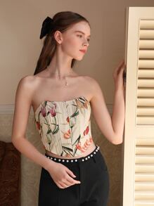 SHEIN MOD Asymmetrical Hem Floral Jacquard Tube Top - Multicolor - View 3