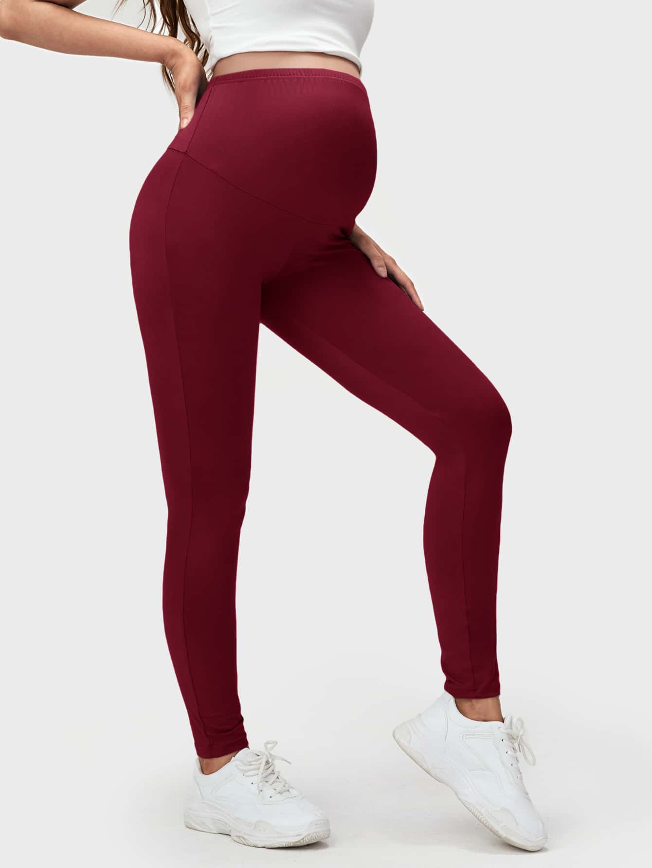 SHEIN Maternity Wide Waistband Solid Leggings - Maroon - View 1
