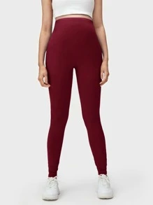 SHEIN Maternity Wide Waistband Solid Leggings - Maroon - View 3