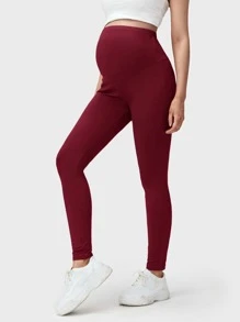 SHEIN Maternity Wide Waistband Solid Leggings - Maroon - View 4
