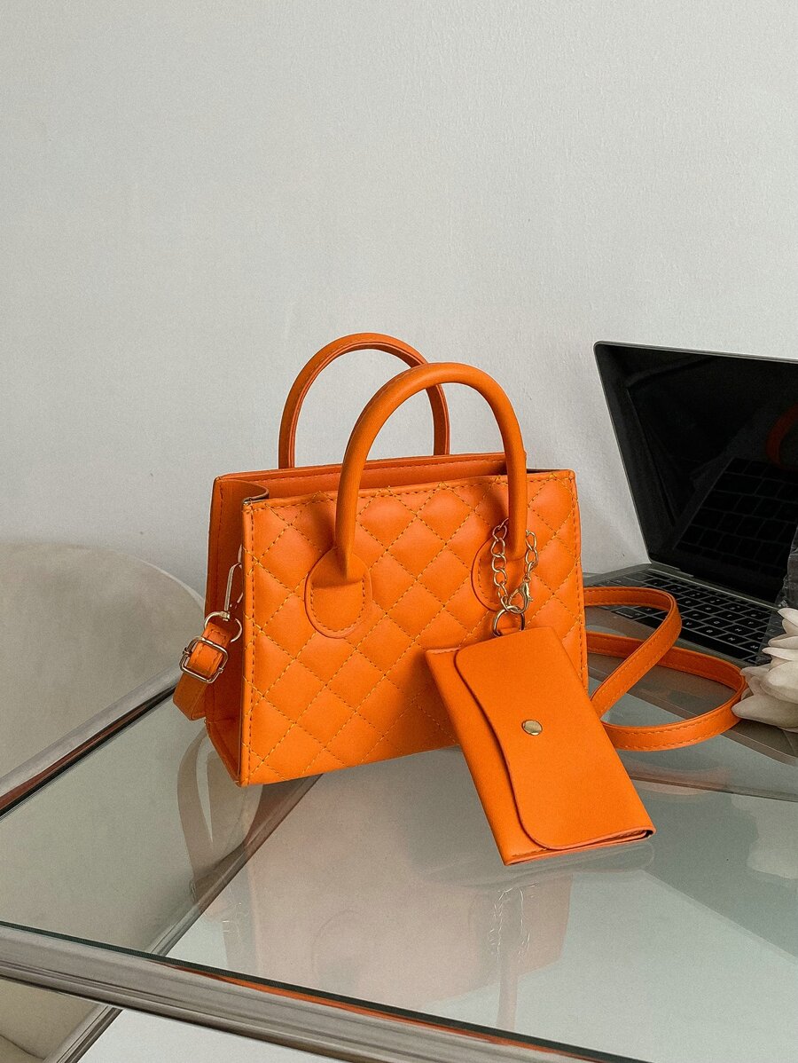 Waterproof,Lightweight,Business Casual Neon Orange Stitch Detail Double Handle Square Bag With Coin Purse For Teen Girls Women College Students,Rookies & White-collar Workers Perfect for Office,College,Work ,Business,Commute