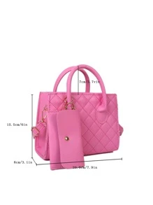 防水、輕盈、商務休閒霓虹粉紅色縫線細節雙把手方形包帶零錢包粉紅適合青少年女大學生、菜鳥和白領完美適合辦公室、大學、工作、商務、通勤