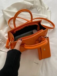 Waterproof,Lightweight,Business Casual Neon Orange Stitch Detail Double Handle Square Bag With Coin Purse For Teen Girls Women College Students,Rookies & White-collar Workers Perfect for Office,College,Work ,Business,Commute