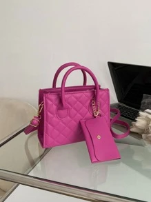 防水、輕盈、商務休閒縫線細節雙把手方形包帶零錢包適合青少年女孩女大學生、菜鳥和白領完美適合辦公室、大學、工作、商務、通勤 - 玫紅色 - 查看 1