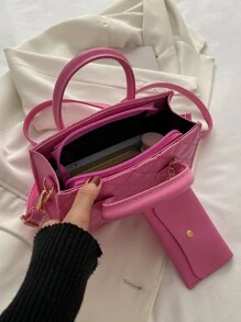 防水、輕盈、商務休閒霓虹粉紅色縫線細節雙把手方形包帶零錢包粉紅適合青少年女大學生、菜鳥和白領完美適合辦公室、大學、工作、商務、通勤