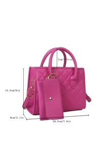 防水、輕盈、商務休閒縫線細節雙把手方形包帶零錢包適合青少年女孩女大學生、菜鳥和白領完美適合辦公室、大學、工作、商務、通勤 - 玫紅色 - 查看 3