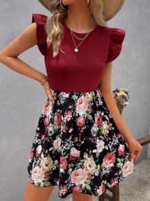 SHEIN VCAY 印花荷葉袖連衣裙 - 紫紅色 - 查看 1