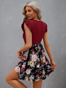 SHEIN VCAY 印花荷葉袖連衣裙 - 紫紅色 - 查看 2