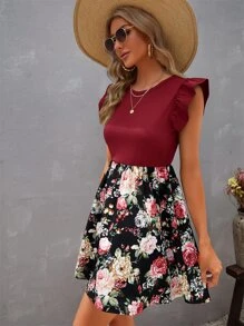 SHEIN VCAY 印花荷葉袖連衣裙 - 紫紅色 - 查看 3