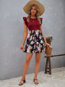 SHEIN VCAY 印花荷葉袖連衣裙 - 紫紅色 - 查看 5