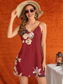 SHEIN VCAY 印花吊帶連衣裙 - 酒紅色 - 查看 3