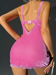 Lace Trim Velvet Slips With Thong - Pink - View 2