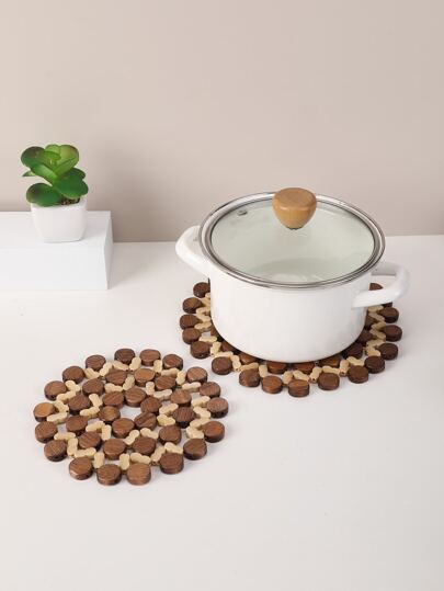 1pc Hollow Out Round Potholder, Boho Bamboo Insulation Pad For Dinner Table, Desk