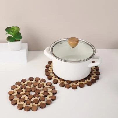 1pc Hollow Out Round Potholder, Boho Bamboo Insulation Pad For Dinner Table, Desk