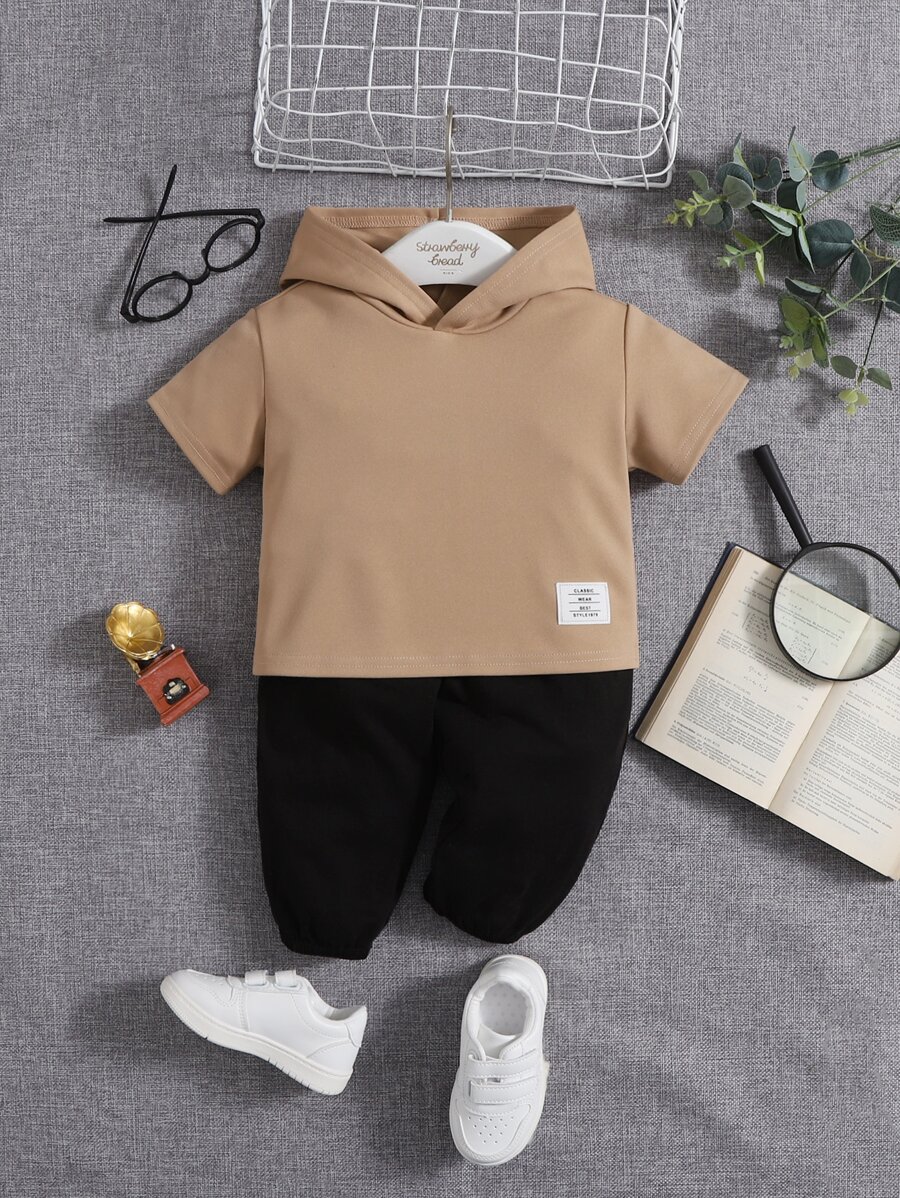 SHEIN Baby Boy Patch Detail Hooded Tee - Camel - View 1