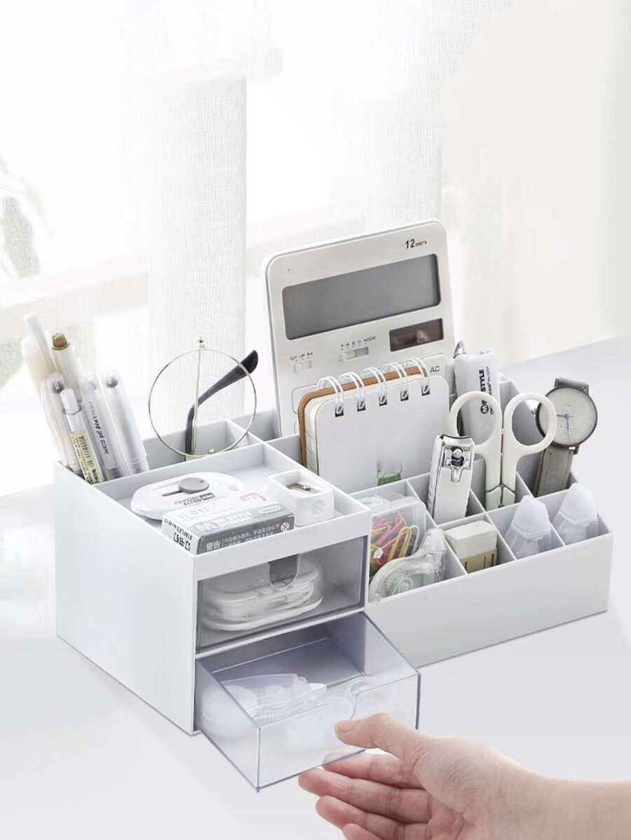 1pc Giá đỡ bút đa chức năng nhiều ô lưới - trắng - Xem 1