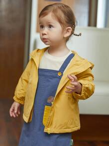 Toddler Girls Cartoon Embroidery Patch Detail Hooded Jacket - Mustard Yellow - View 1