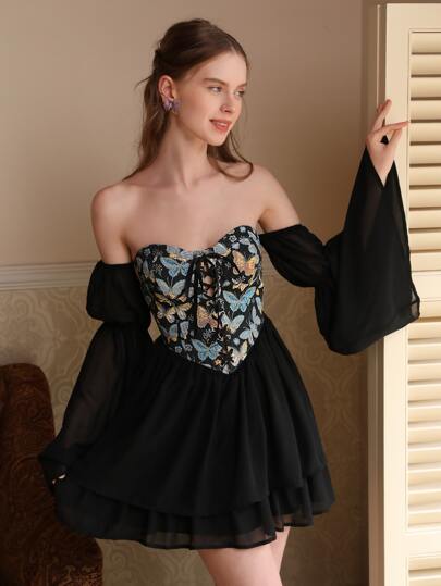 Butterfly Print Off Shoulder Flounce Sleeve Lace Up Dress