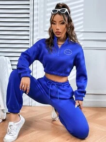 SHEIN Unity Letter Graphic Half Zipper Pullover & Joggers - Royal Blue - View 1