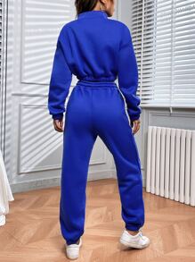 SHEIN Unity Letter Graphic Half Zipper Pullover & Joggers - Royal Blue - View 2