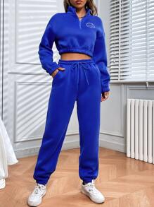 SHEIN Unity Letter Graphic Half Zipper Pullover & Joggers - Royal Blue - View 3